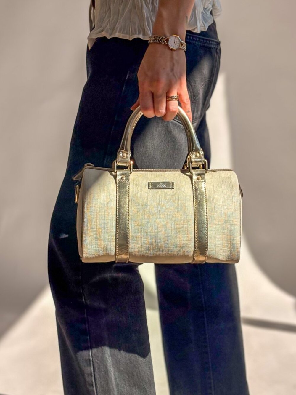 Gucci Small Joy Boston Bag - GG Supreme Canvas, White/Gold, Metallic Silver Trim